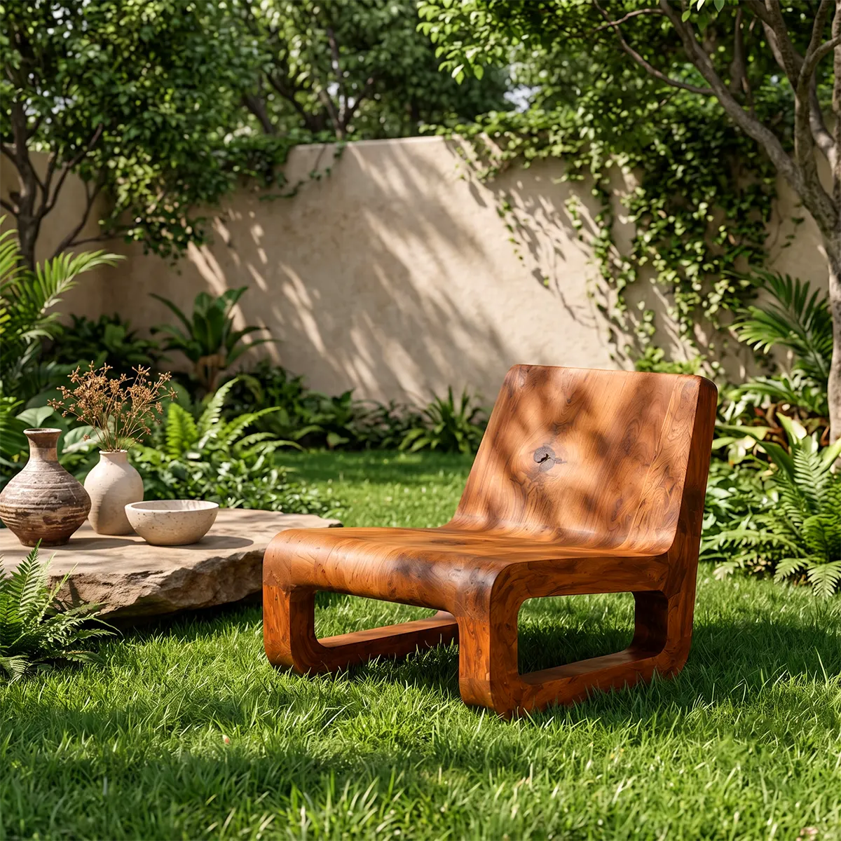 Sculptural Low Lounge Chair | Modern Armless Accent Chair with Curved Seat & Open Geometric Base
