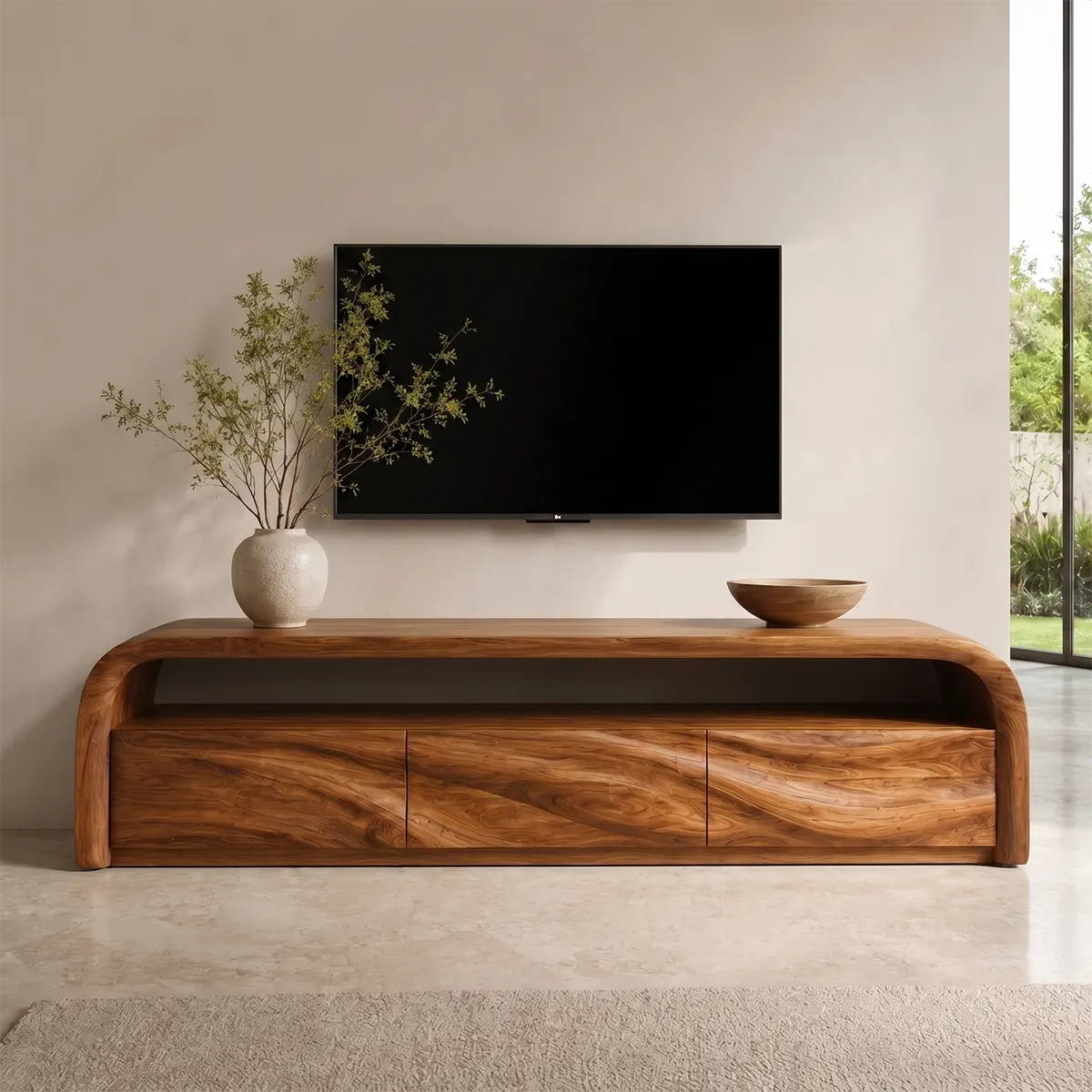 Modern Organic TV Stand with Sculpted Cabinets | Open Media Console TT006-8LGO4IB