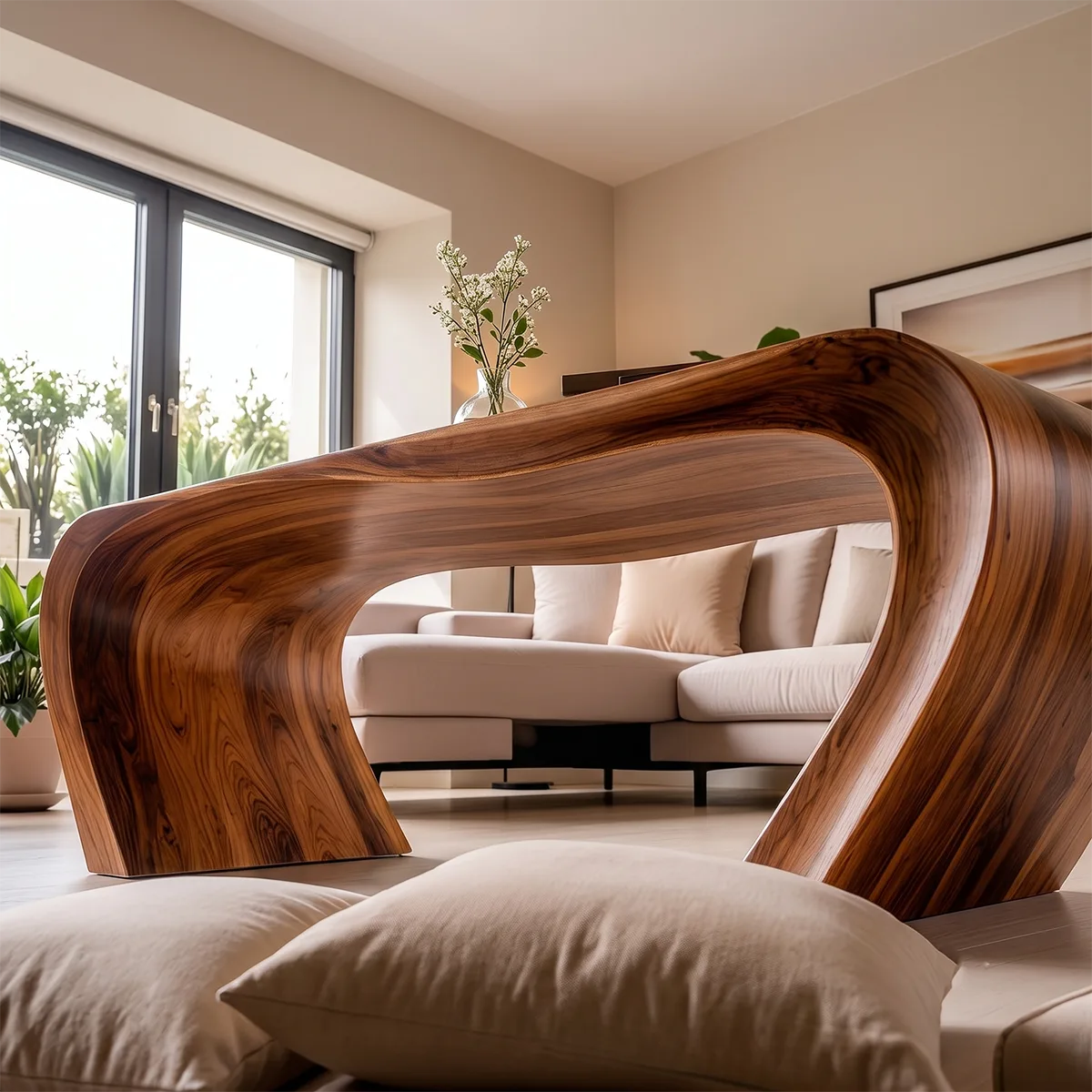 Solid Wood Waterfall Coffee Table | Modern Curved Wooden Coffee Table TT006-9943