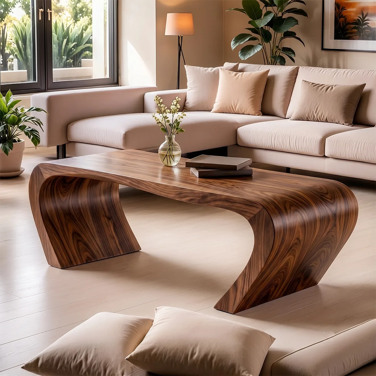 Solid Wood Waterfall Coffee Table | Modern Curved Wooden Coffee Table TT006-9943