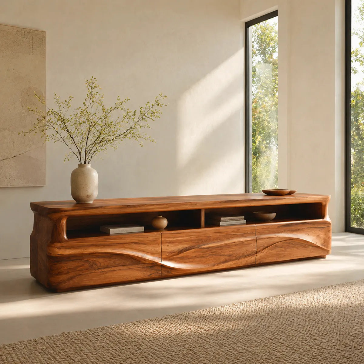 Modern Organic TV Stand with Sculpted Cabinets | Open Display Media Console TT006-5EKO4LA