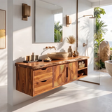 Floating Solid Wood Bathroom Vanity | Modern Bathroom Vanity with Drawers, Cabinet and Open Shelf TT006-6VOS2CB