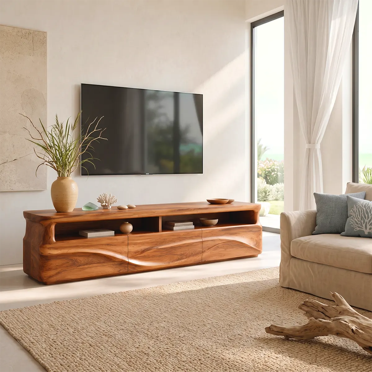 Modern Organic TV Stand with Sculpted Cabinets | Open Display Media Console TT006-5EKO4LA