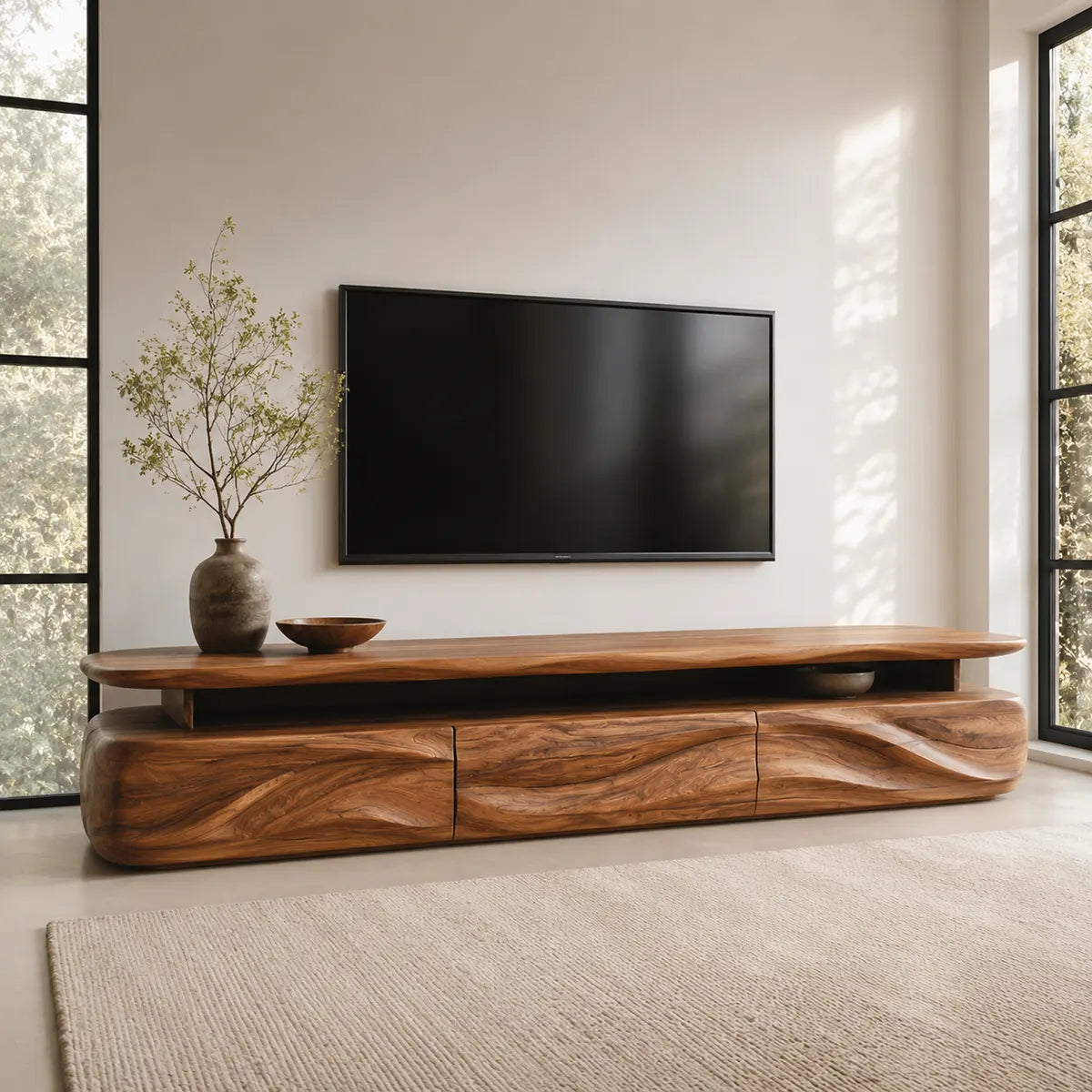 Modern Organic TV Stand with Three Sculpted Cabinets | Open Display Media Console TT006-3GCV7CG