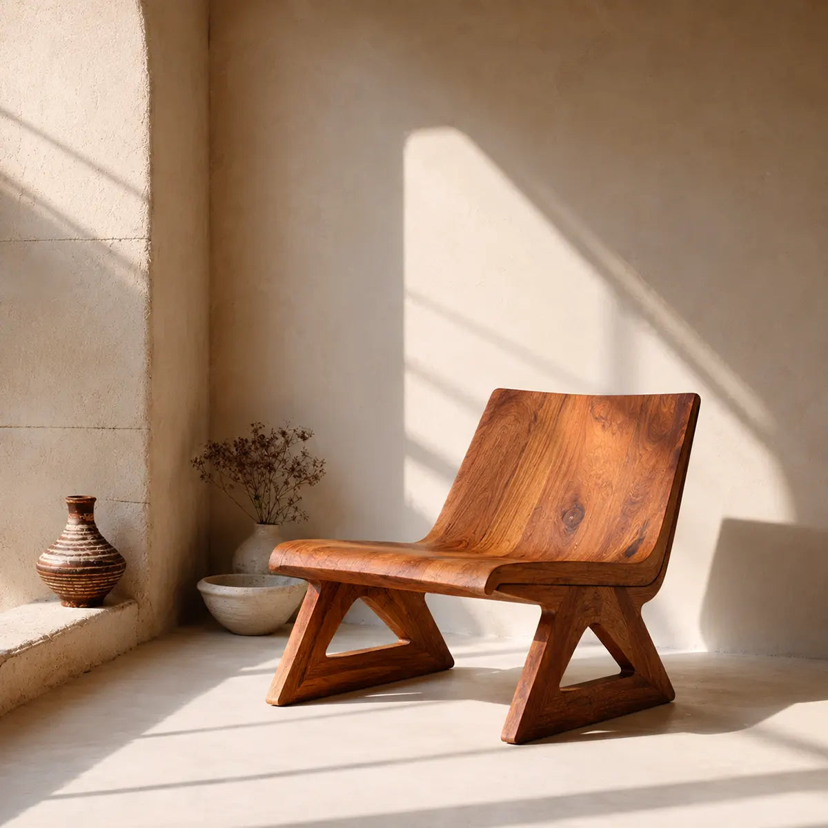 Sculptural Lounge Chair | Wide Curved Armless Accent Chair with Geometric Open Base