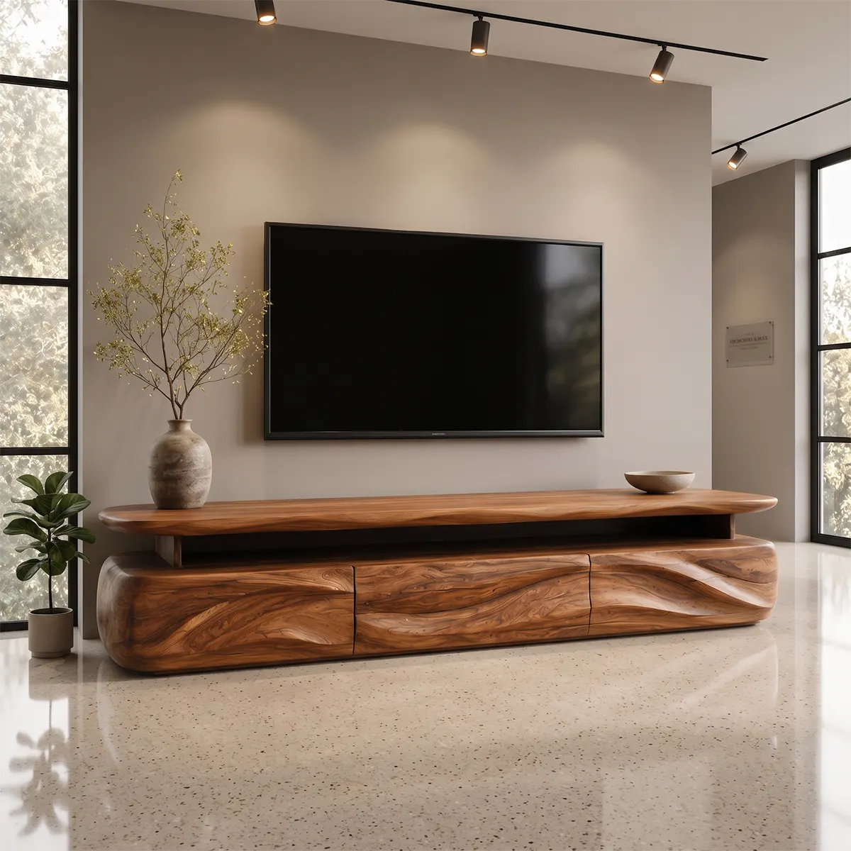 Modern Organic TV Stand with Three Sculpted Cabinets | Open Display Media Console TT006-3GCV7CG