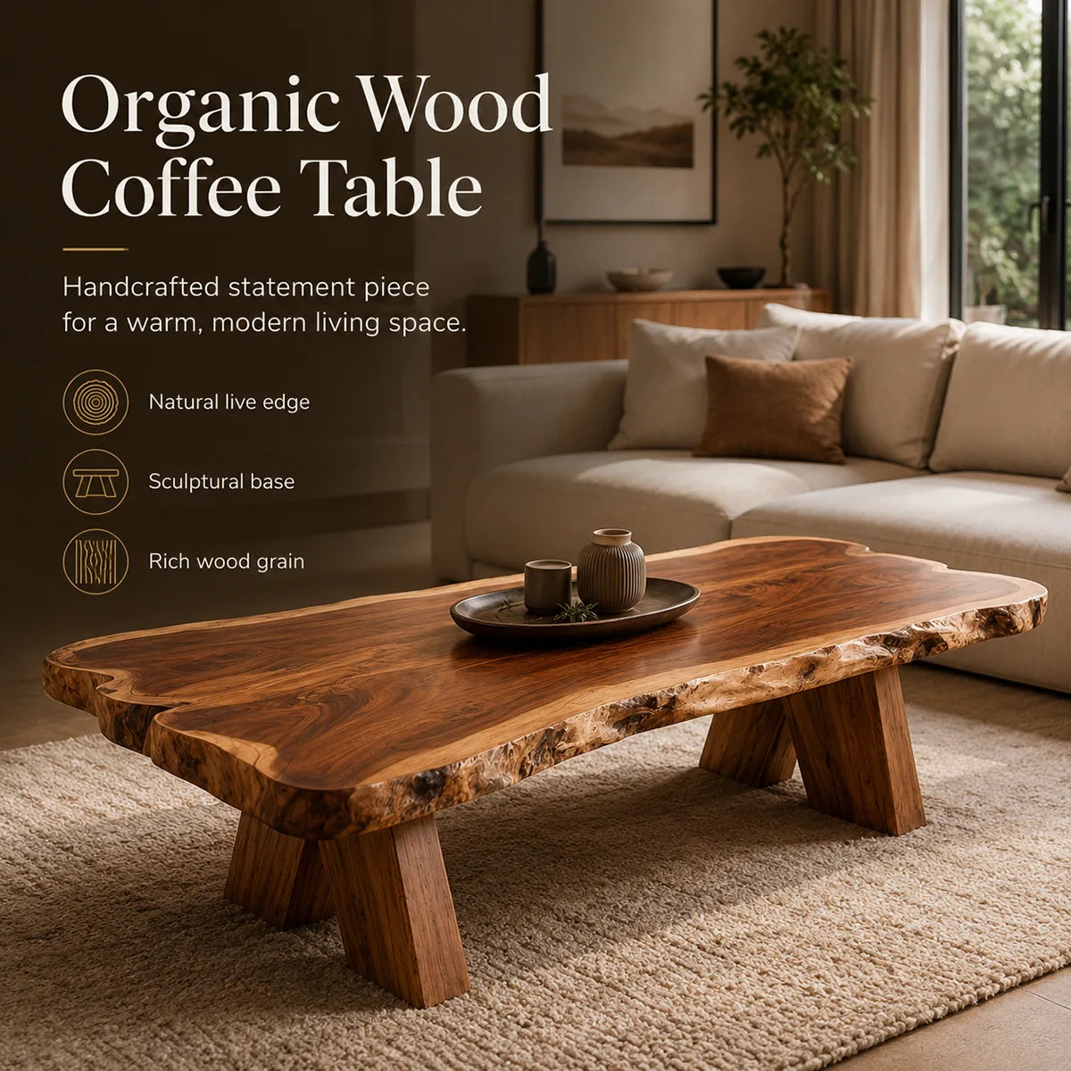 Live Edge Solid Wood Coffee Table | Handcrafted Natural Wood Center Table TT006-6055