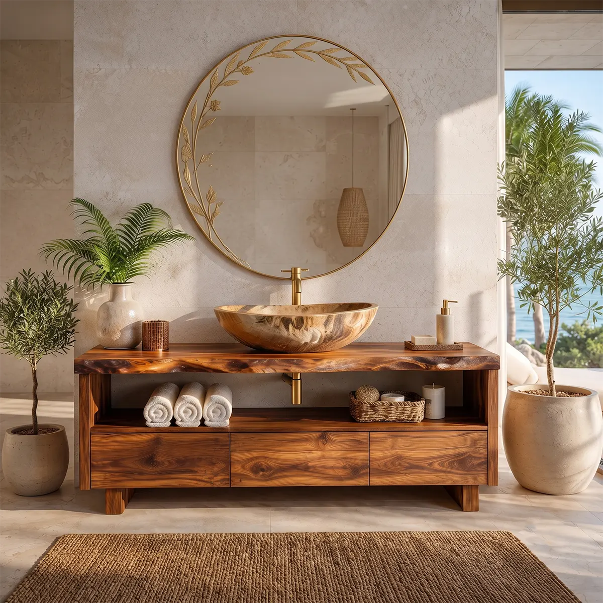 Freestanding Solid Wood Bathroom Vanity | Live Edge Bathroom Vanity with Open Shelf & Three Drawers TT006-7CUG6CN