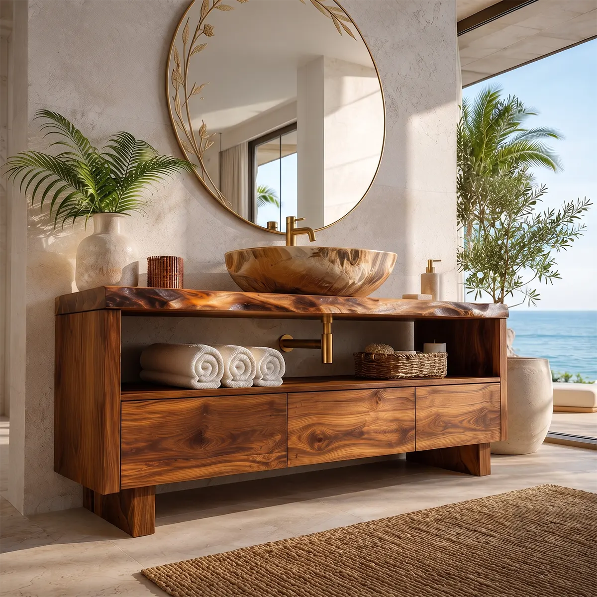 Freestanding Solid Wood Bathroom Vanity | Live Edge Bathroom Vanity with Open Shelf & Three Drawers TT006-7CUG6CN
