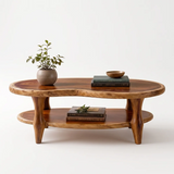 Organic Shape Coffee Table with Storage Shelf | Handcrafted Solid Wood Live Edge Table TT006-1025