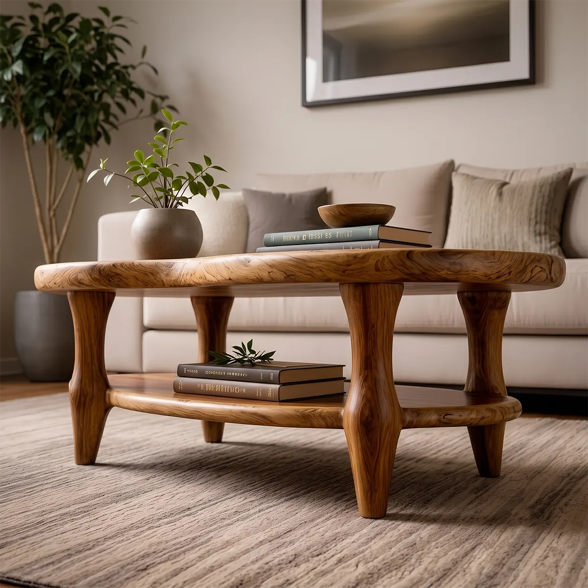 Organic Shape Coffee Table with Storage Shelf | Handcrafted Solid Wood Live Edge Table TT006-1025