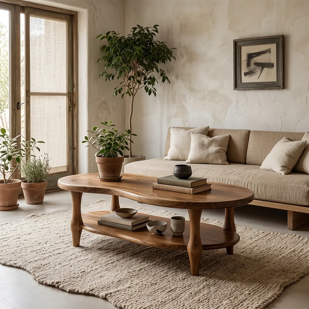 Organic Shape Coffee Table with Storage Shelf | Handcrafted Solid Wood Live Edge Table TT006-1025