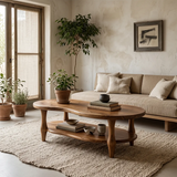 Organic Shape Coffee Table with Storage Shelf | Handcrafted Solid Wood Live Edge Table TT006-1025