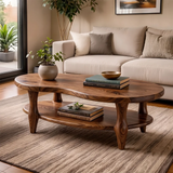 Organic Shape Coffee Table with Storage Shelf | Handcrafted Solid Wood Live Edge Table TT006-1025