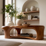 Organic Shape Coffee Table with Storage Shelf | Sculptural Solid Wood Living Room Table TT006-3938