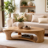 Organic Shape Coffee Table with Storage Shelf | Sculptural Solid Wood Living Room Table TT006-3938