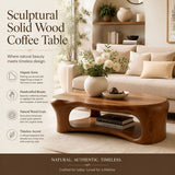 Organic Shape Coffee Table with Storage Shelf | Sculptural Solid Wood Living Room Table TT006-3938