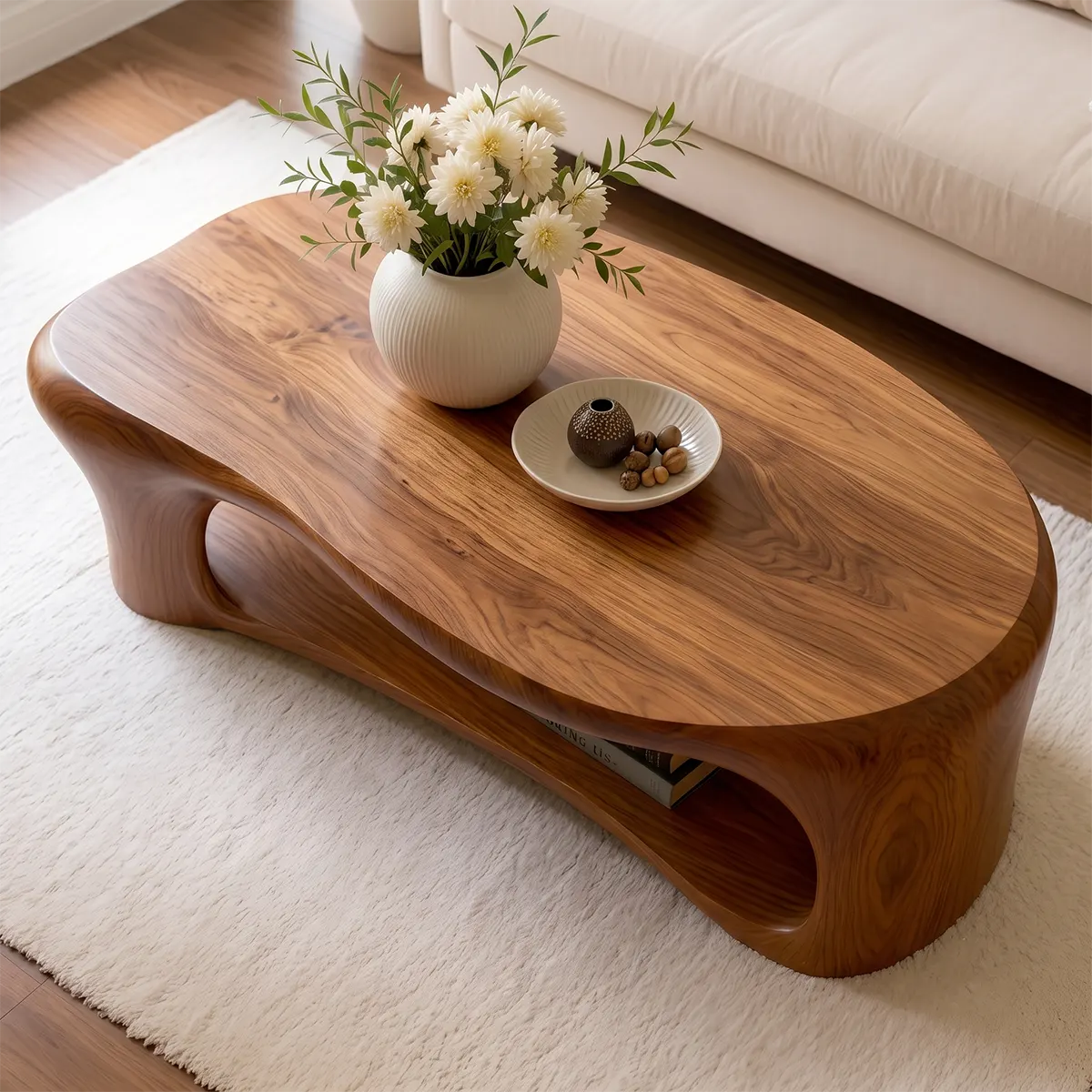 Organic Shape Coffee Table with Storage Shelf | Sculptural Solid Wood Living Room Table TT006-3938