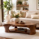 Organic Shape Coffee Table with Storage Shelf | Sculptural Solid Wood Living Room Table TT006-3938
