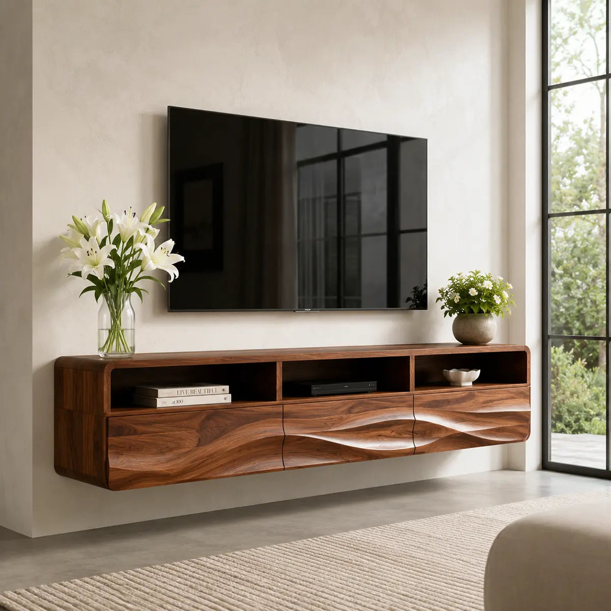 Organic Modern Floating TV Stand with Open Shelving & Three Drawers TT006-8JIK6GK