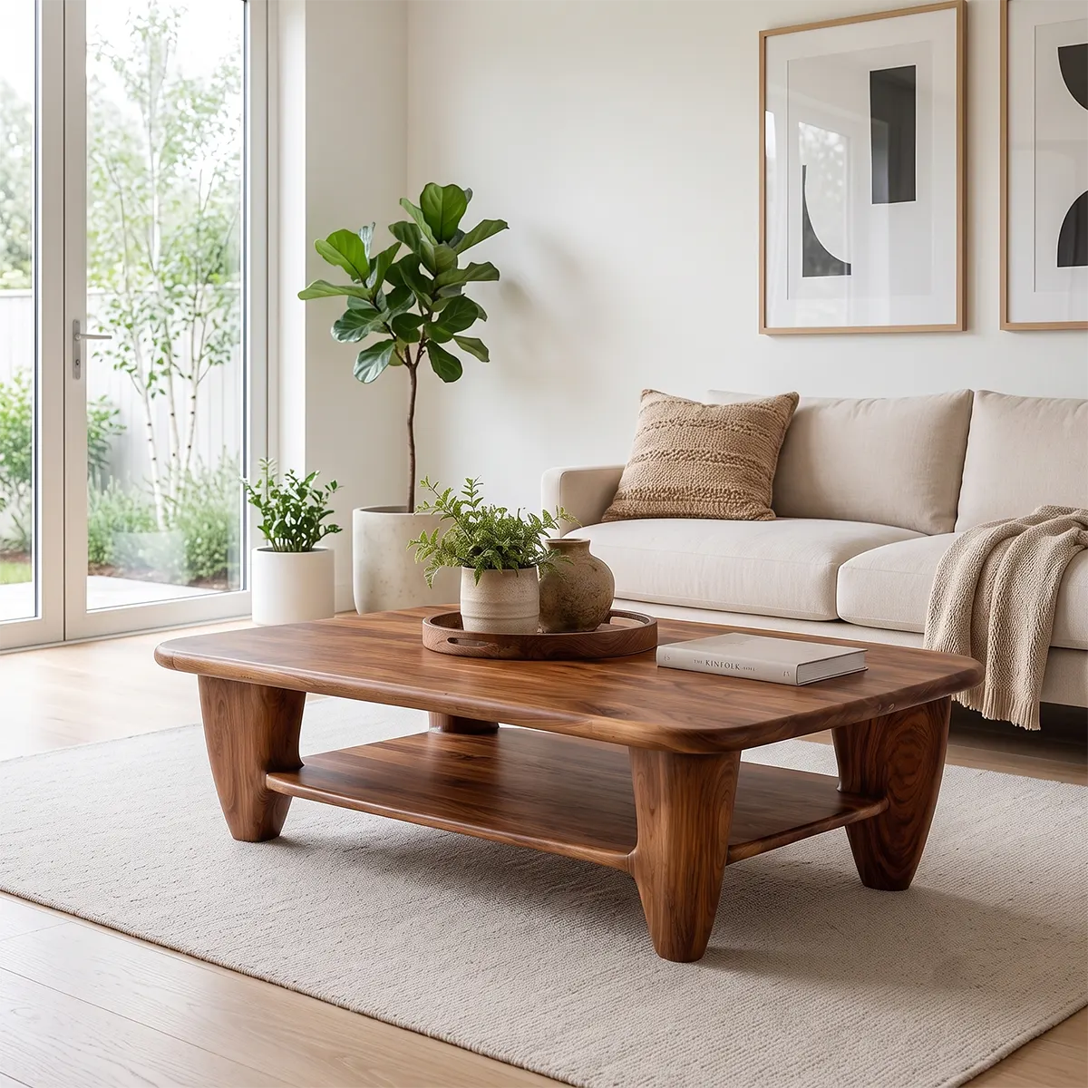 Rounded Rectangle Solid Wood Coffee Table with Storage Shelf | Modern Living Room Center Table TT006-3905