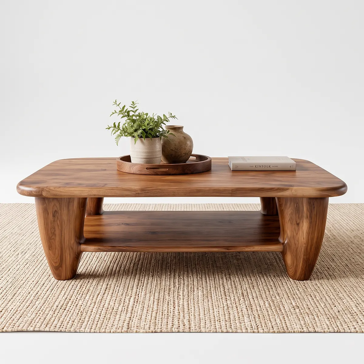 Rounded Rectangle Solid Wood Coffee Table with Storage Shelf | Modern Living Room Center Table TT006-3905