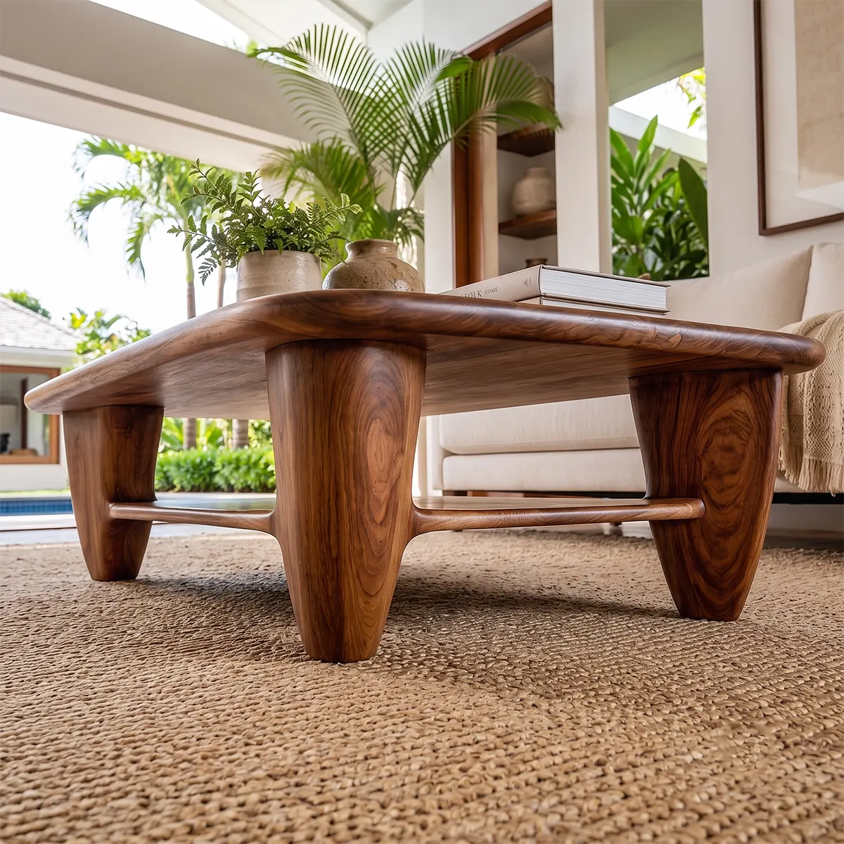 Rounded Rectangle Solid Wood Coffee Table with Storage Shelf | Modern Living Room Center Table TT006-3905