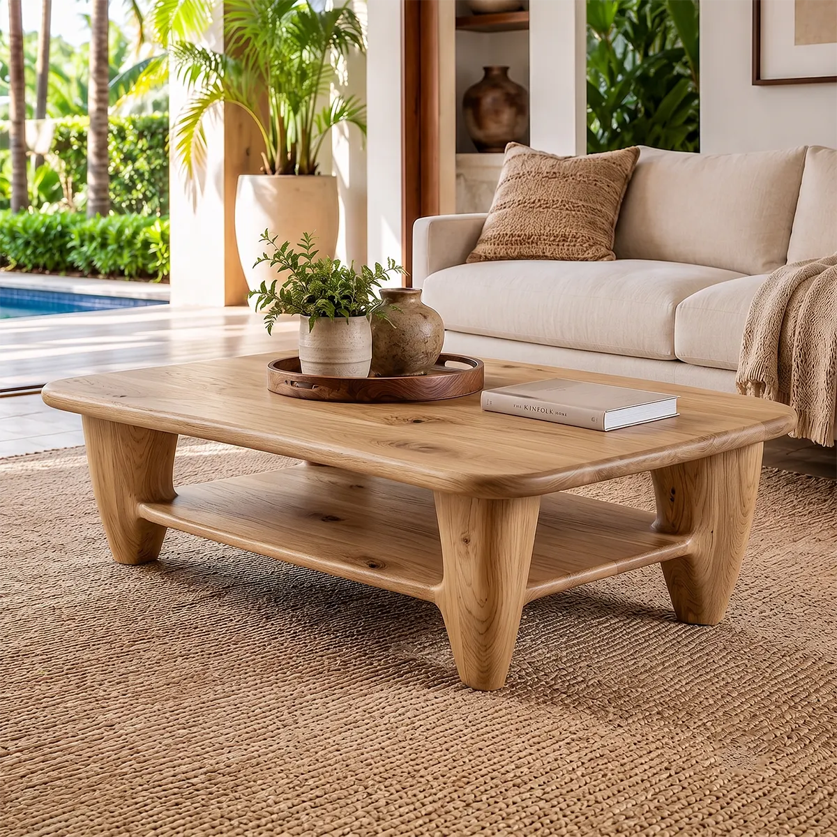 Rounded Rectangle Solid Wood Coffee Table with Storage Shelf | Modern Living Room Center Table TT006-3905