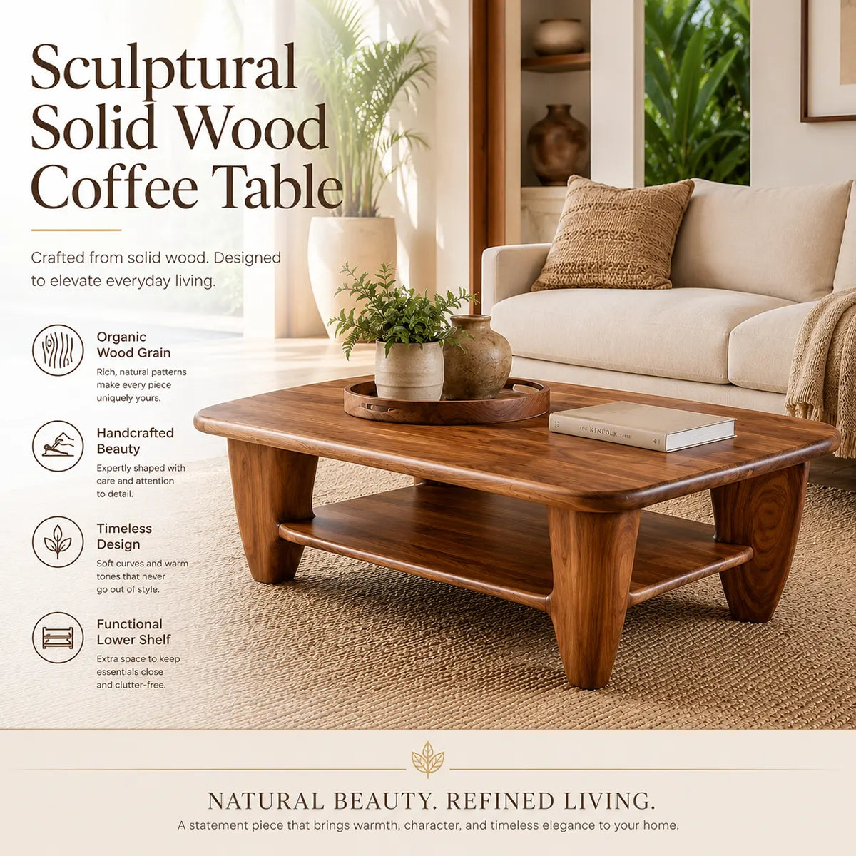 Rounded Rectangle Solid Wood Coffee Table with Storage Shelf | Modern Living Room Center Table TT006-3905