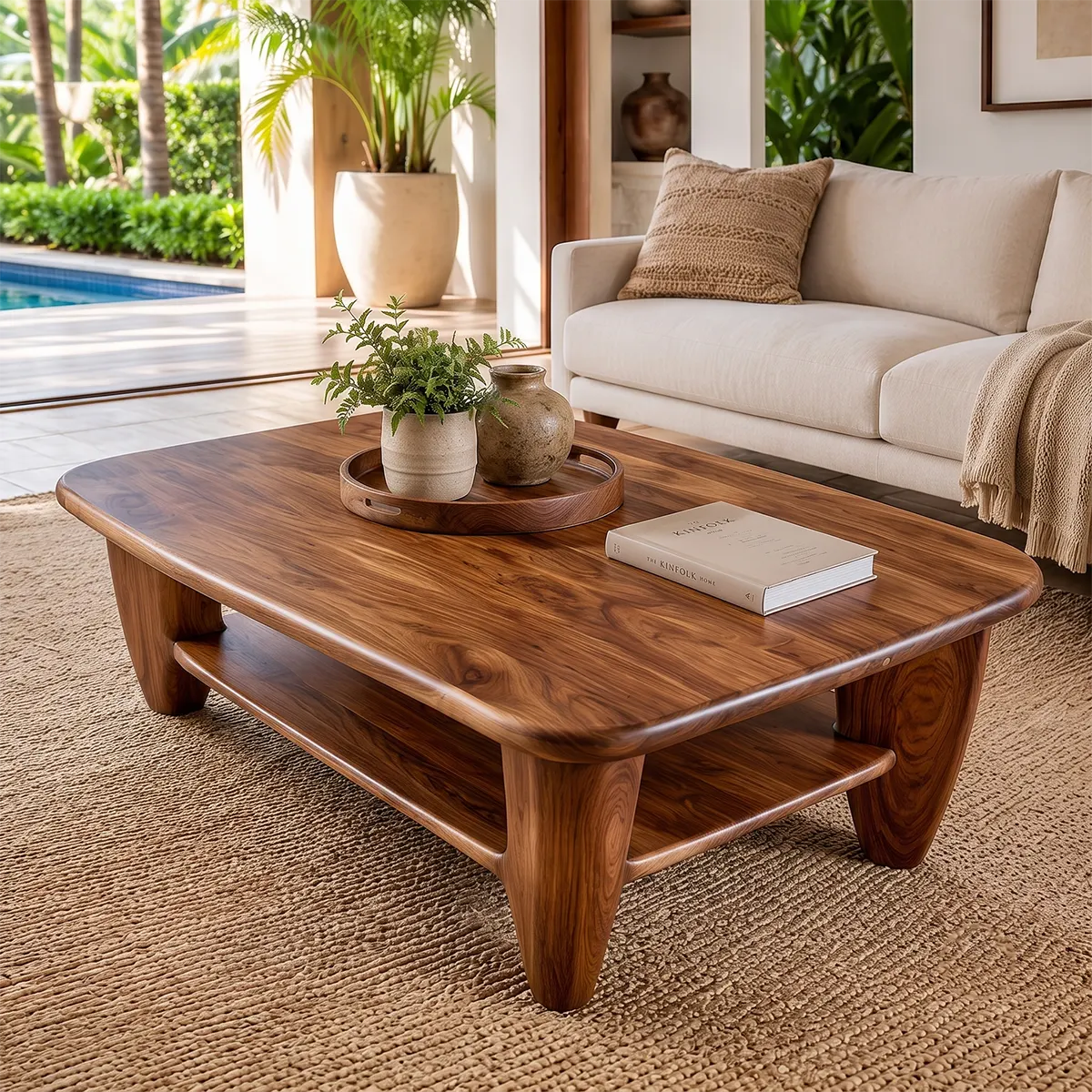 Rounded Rectangle Solid Wood Coffee Table with Storage Shelf | Modern Living Room Center Table TT006-3905