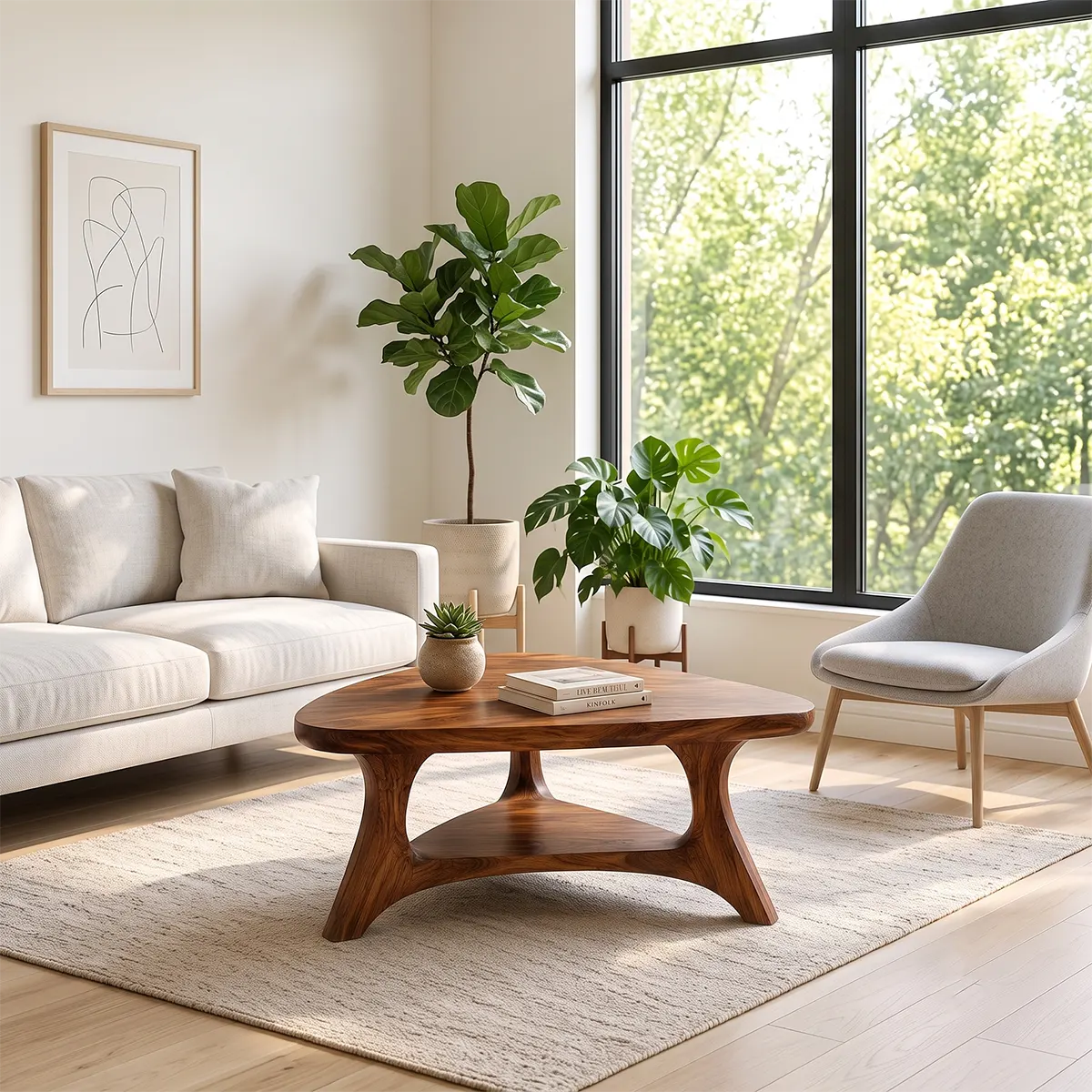 Organic Triangle Solid Wood Coffee Table with Open Shelf | Mid-Century Modern Living Room Table TT006-4619