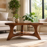 Organic Triangle Solid Wood Coffee Table with Open Shelf | Mid-Century Modern Living Room Table TT006-4619