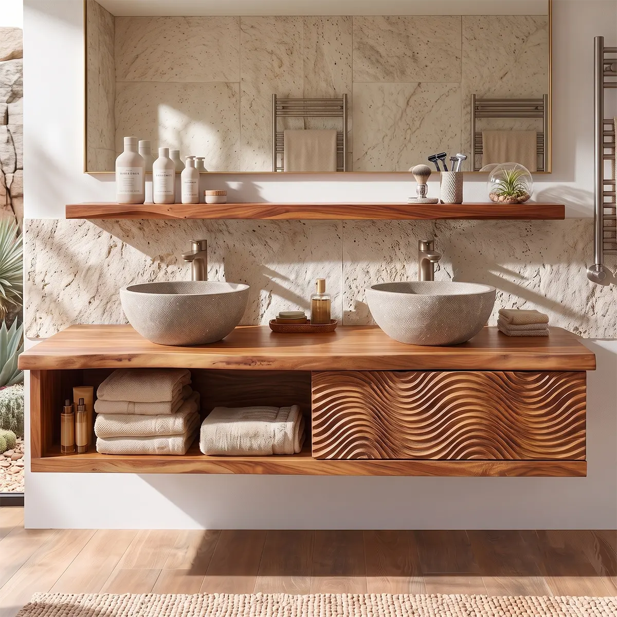 Floating Double Sink Solid Wood Bathroom Vanity | Live Edge Wood Vanity with Open Shelf & Carved Hinged Cabinet TT006-9PJD5EI