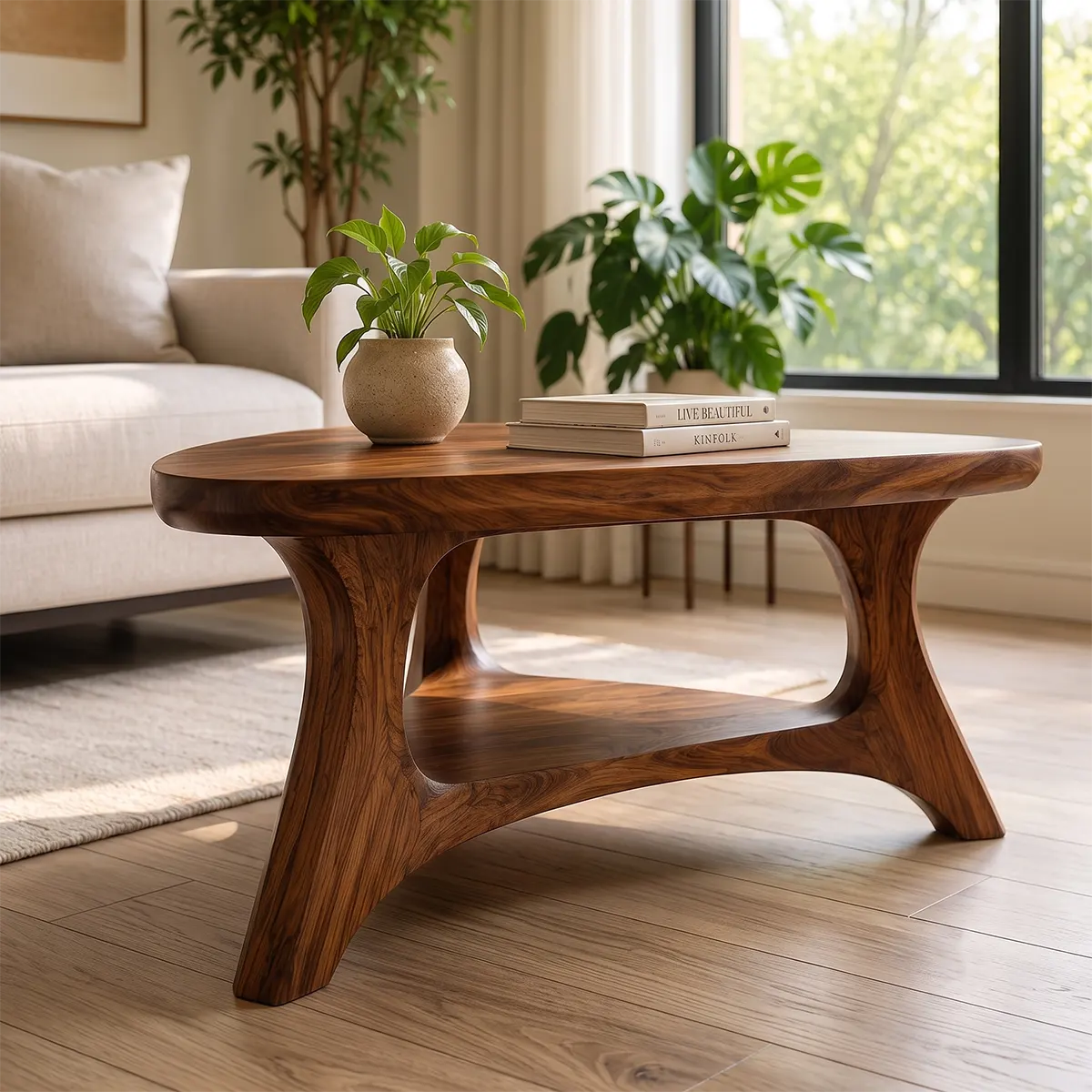 Organic Triangle Solid Wood Coffee Table with Open Shelf | Mid-Century Modern Living Room Table TT006-4619