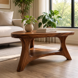 Organic Triangle Solid Wood Coffee Table with Open Shelf | Mid-Century Modern Living Room Table TT006-4619