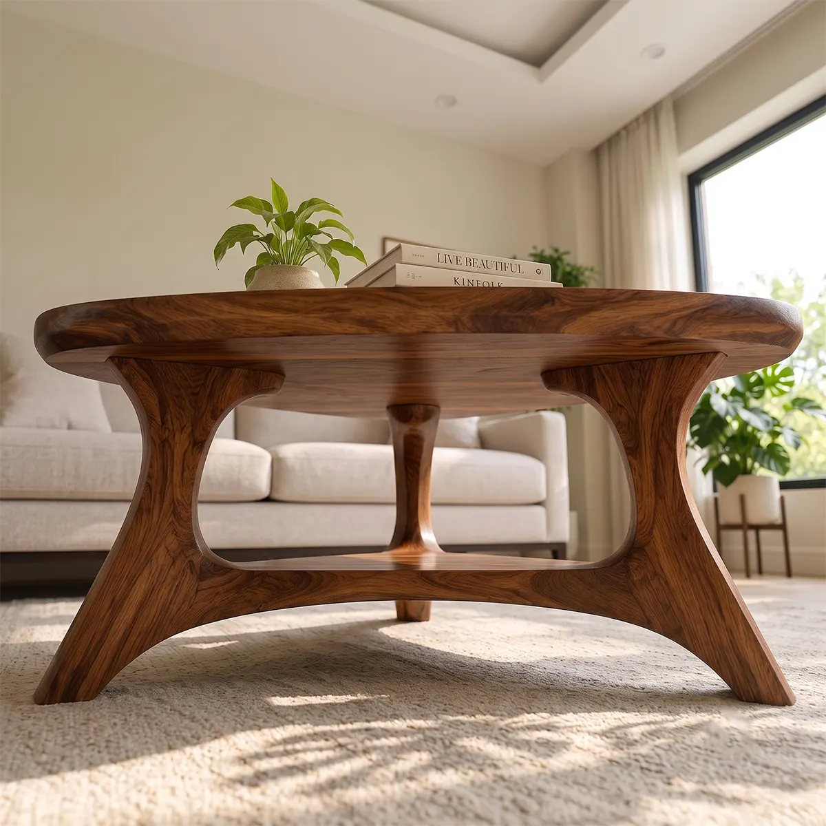 Organic Triangle Solid Wood Coffee Table with Open Shelf | Mid-Century Modern Living Room Table TT006-4619