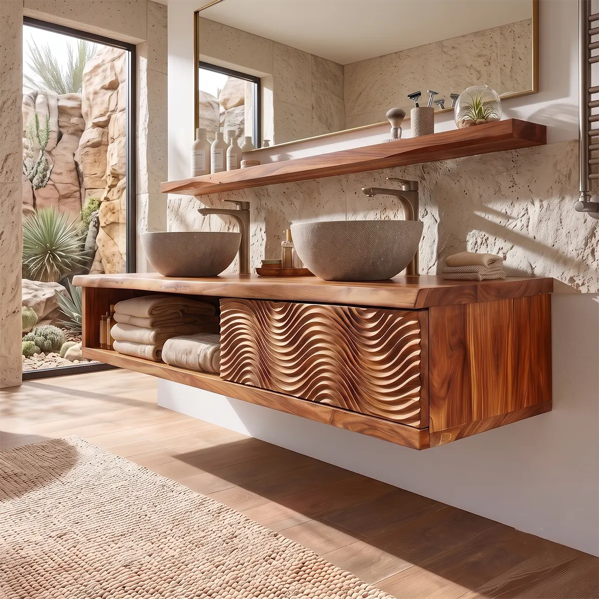 Floating Double Sink Solid Wood Bathroom Vanity | Live Edge Wood Vanity with Open Shelf & Carved Hinged Cabinet TT006-9PJD5EI