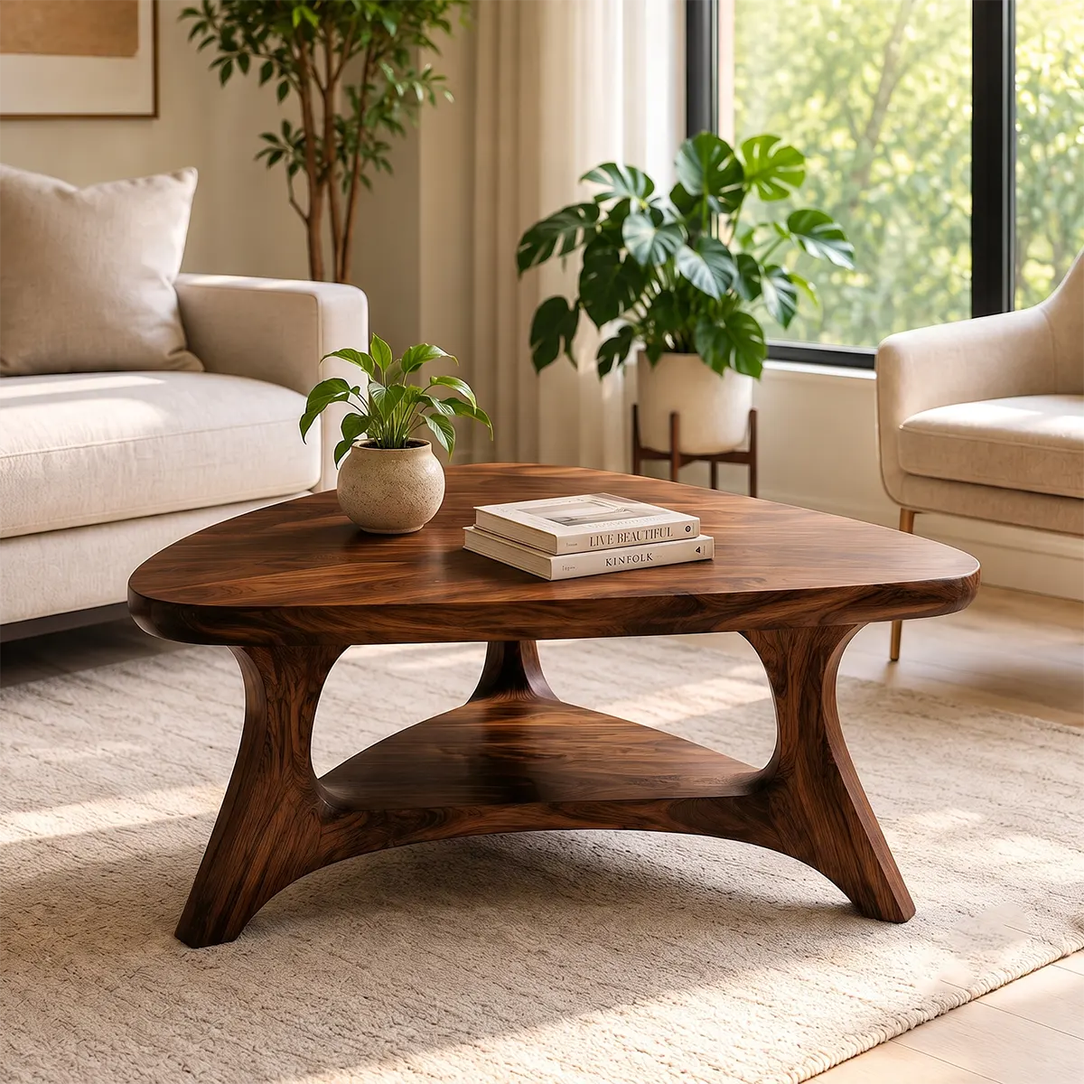 Organic Triangle Solid Wood Coffee Table with Open Shelf | Mid-Century Modern Living Room Table TT006-4619