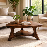 Organic Triangle Solid Wood Coffee Table with Open Shelf | Mid-Century Modern Living Room Table TT006-4619
