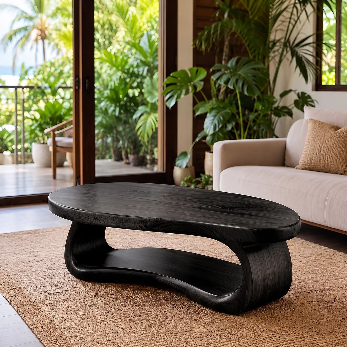 Oval Solid Wood Coffee Table with Open Storage Shelf | Organic Modern Living Room Table TT006-3067