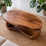Oval Solid Wood Coffee Table with Open Storage Shelf | Organic Modern Living Room Table TT006-3067