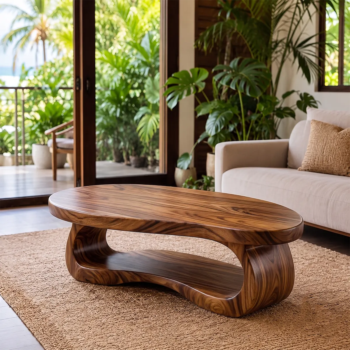 Oval Solid Wood Coffee Table with Open Storage Shelf | Organic Modern Living Room Table TT006-3067
