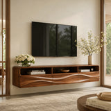 Floating TV Stand with Open Shelving & Three Drawers | Organic Modern TV Console TT006-5STK9KO