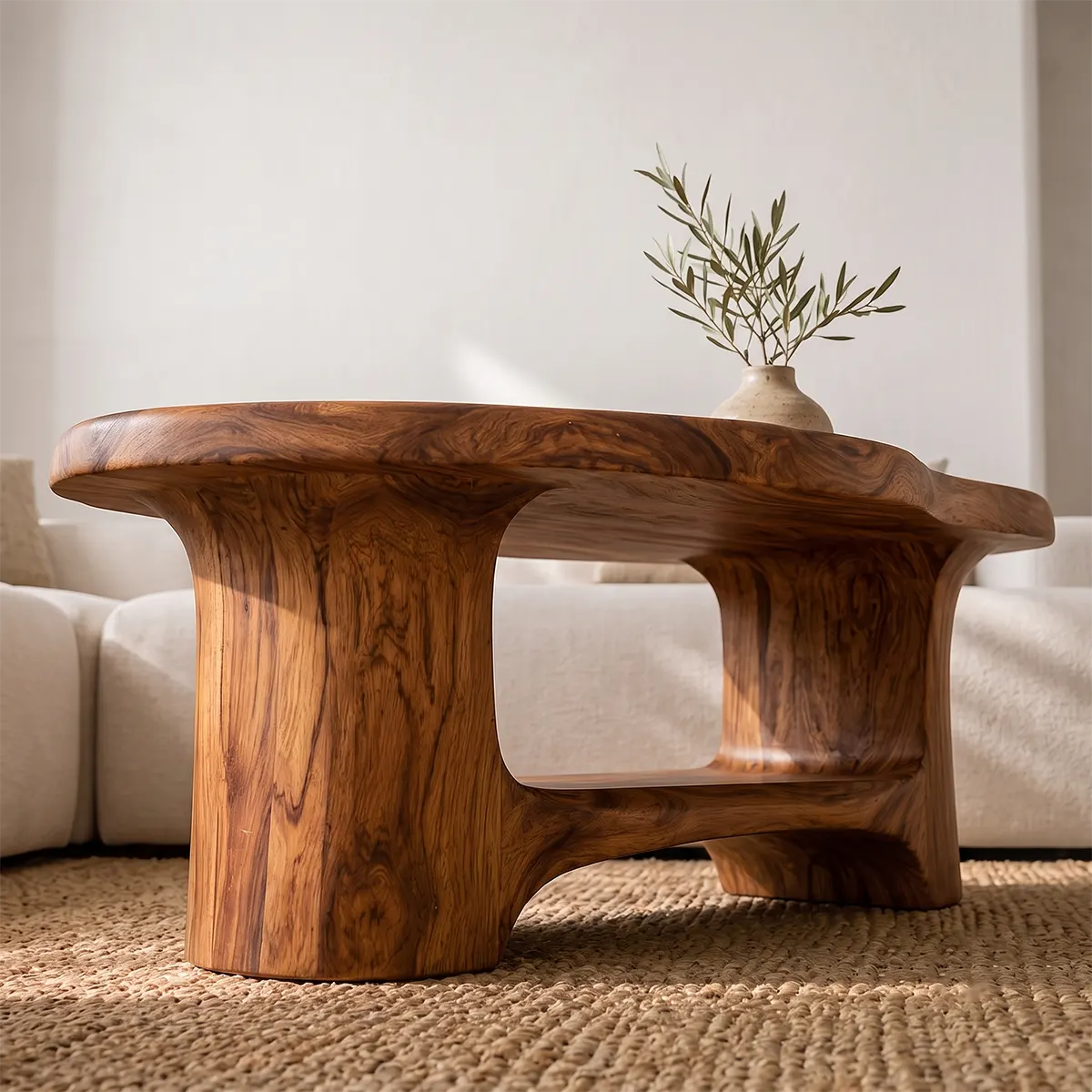 Organic Freeform Solid Wood Coffee Table with Open Shelf | Sculptural Living Room Table TT006-5759