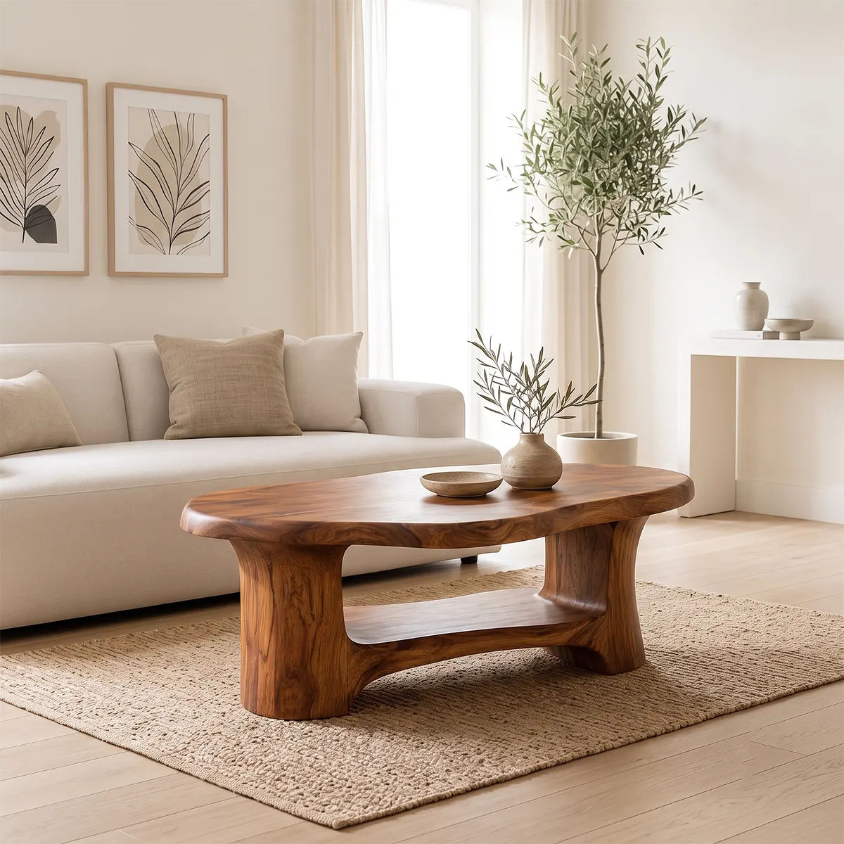 Organic Freeform Solid Wood Coffee Table with Open Shelf | Sculptural Living Room Table TT006-5759
