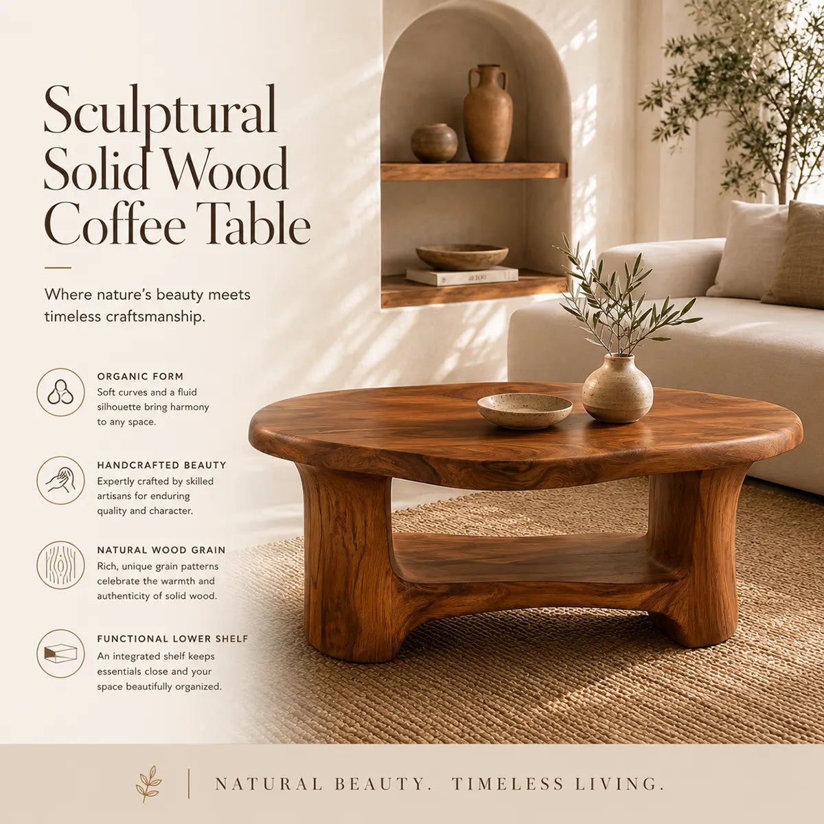 Organic Freeform Solid Wood Coffee Table with Open Shelf | Sculptural Living Room Table TT006-5759