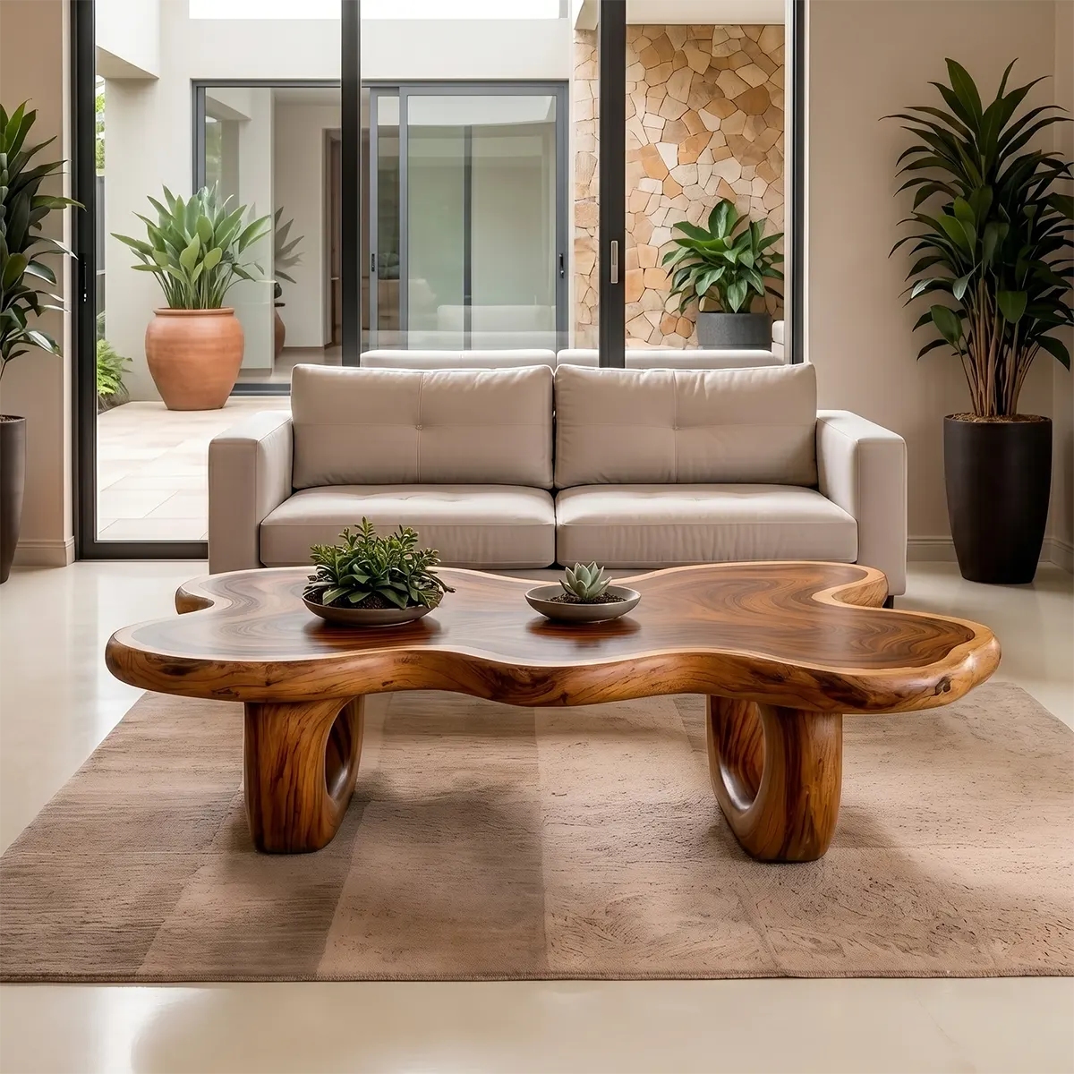 Modern Organic Wood Coffee Table with Freeform Top & Sculptural Base TT006-8349