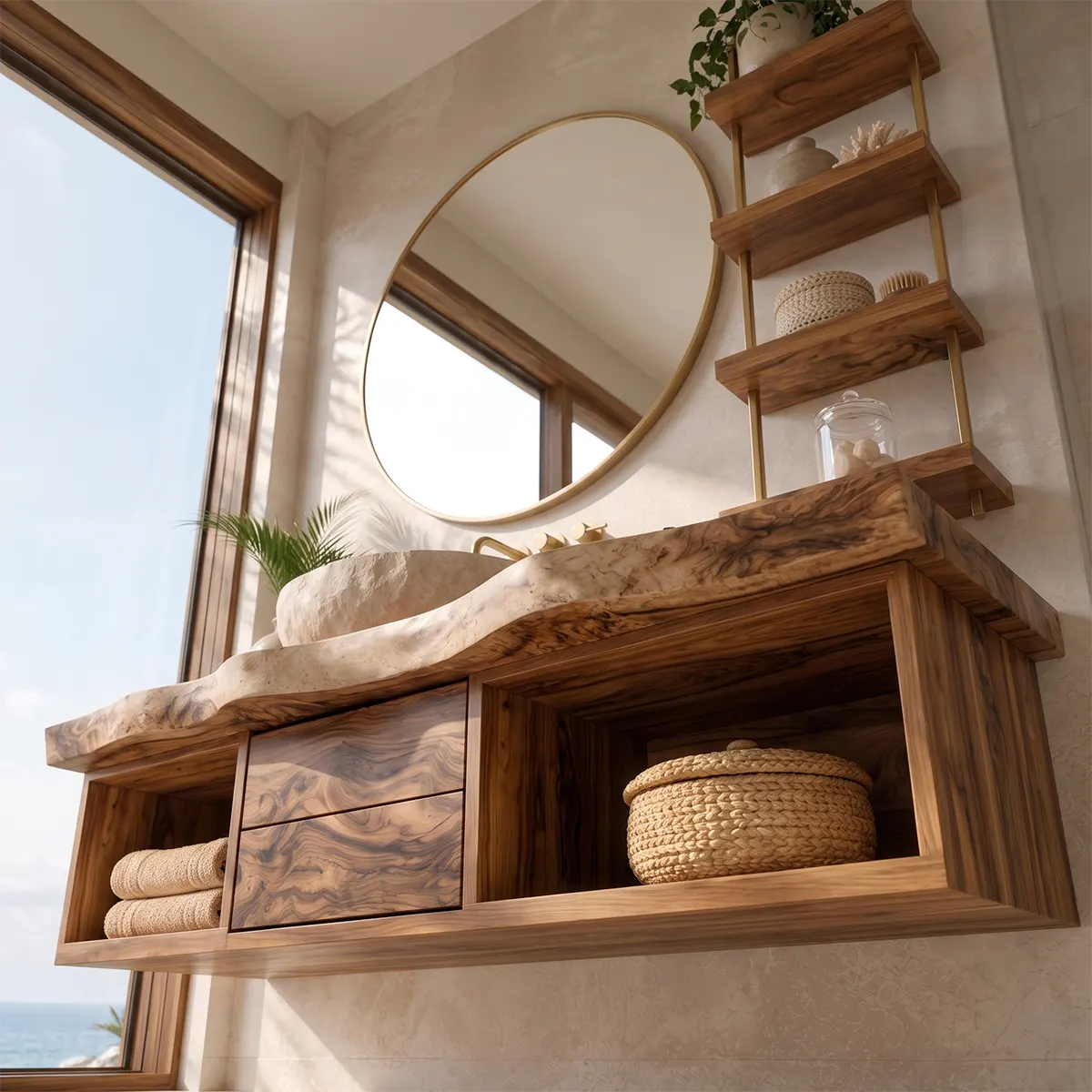 Floating Solid Wood Bathroom Vanity | Modern Wall Mounted Bathroom Vanity with Storage