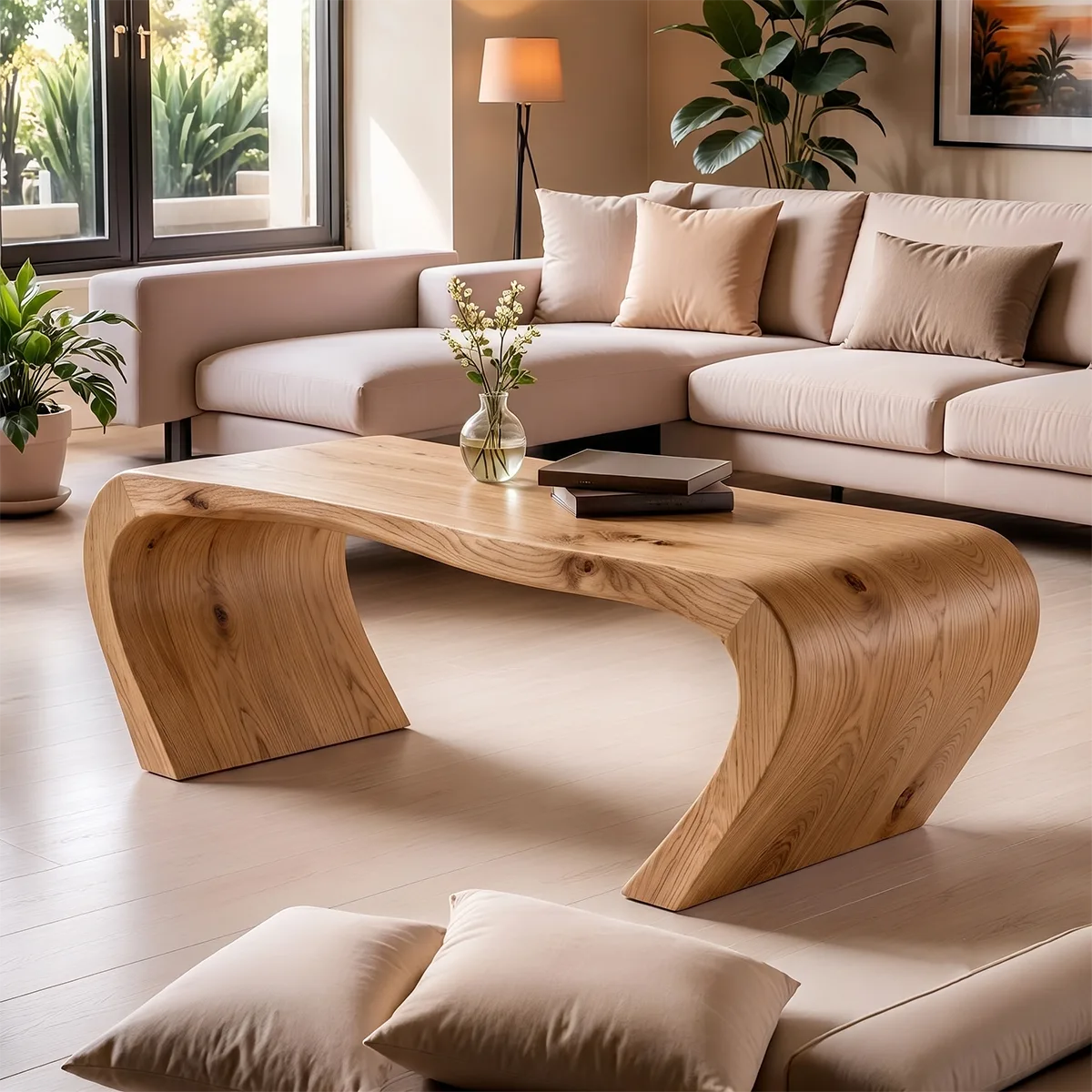 Solid Wood Waterfall Coffee Table | Modern Curved Wooden Coffee Table TT006-9943