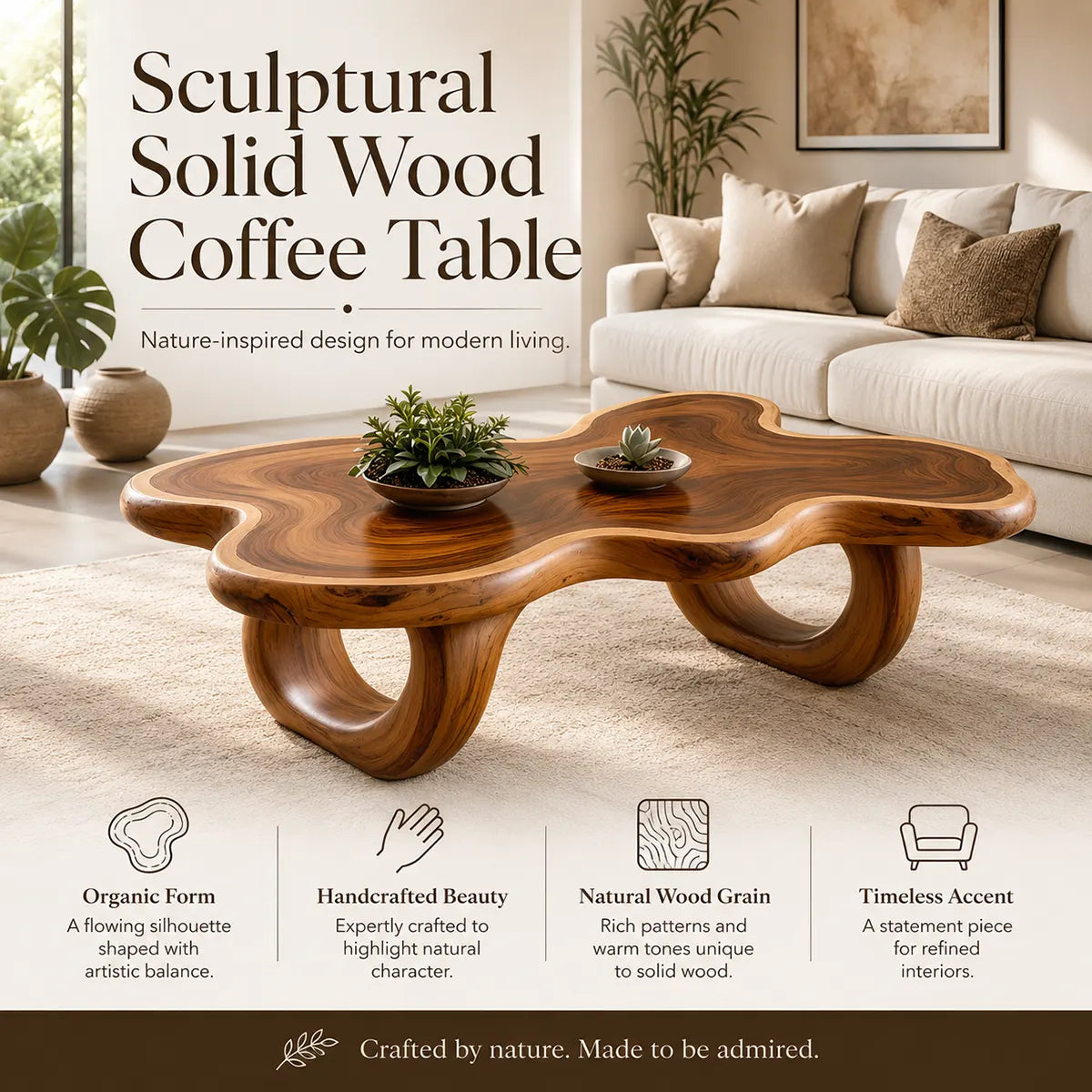 Modern Organic Wood Coffee Table with Freeform Top & Sculptural Base TT006-8349
